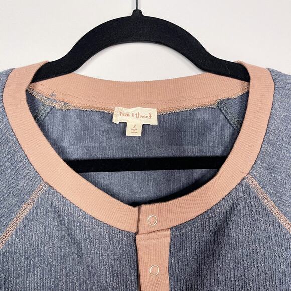 Hem & Thread Small S Denim Blue Textured Boxy Henley Pullover Top Long Sleeve - Picture 5 of 9